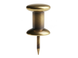 A solitary golden push pin isolated on a stark black background