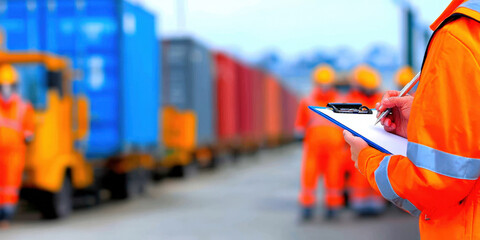 Logistics manager supply chain freight container clipboard worker uniform safety industry teamwork Logistics manager overseeing freight container operation, worker holding clipboard bright safety