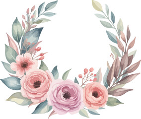 Obraz premium Elegant Watercolor Floral Wreath Featuring Pink Roses Peonies and Pale Green Foliage in a Circular Frame Design