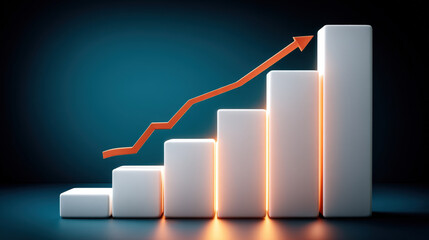3d bar chart growth glowing step graph orange arrow business success finance concept increasing statistic data analysis futuristic design modern abstract blue background