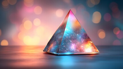 Crystal pyramid containing a vibrant galaxy. Perfect for spiritual blogs, sci-fi websites, and creative portfolios focusing on mysticism, cosmic energy, or 3D art.