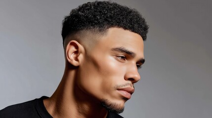 Obraz premium Close-up portrait of a young man with a modern fade haircut and defined facial features. Men's grooming and hairstyle concept.