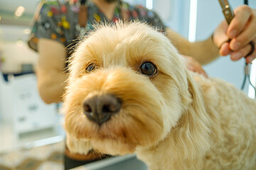 At a pet grooming salon, a middle-aged male groomer is trimming the fur of an adorable Cockapoo dog with scissors