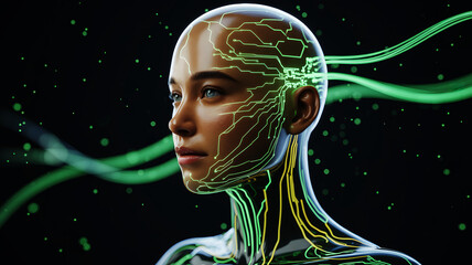 Futuristic Artificial Intelligence Female Cyborg Head Neural Network Concept Illustration