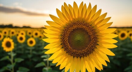 Obraz premium A vibrant sunflower in a field of sunflowers at sunset.