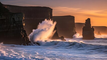 Golden Sunset Illuminates Powerful Atlantic Wave Crashing Against Irelands Majestic Cliffs of Moher.