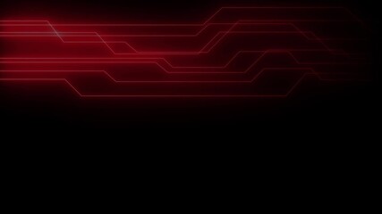 Intense glowing neon red circuit board lines and geometric patterns set against a deep black background, evoking a sense of high-speed data processing and digital energy transfer - Powered by Adobe