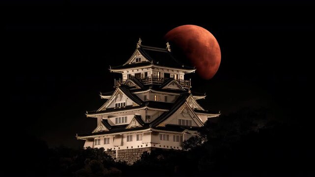 静かな城の天守と皆既月食の赤い満月の夜景