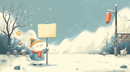 Snowman holds blank sign in winter scene with trees and lantern during snowy day