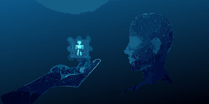 Human hand offering a glowing robotic figure to a polygonal head