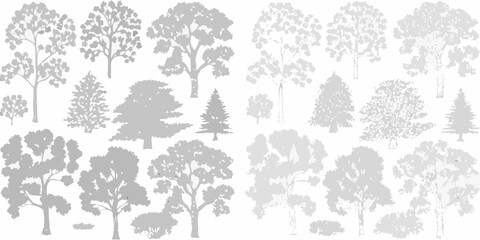 Obraz premium A collection of various tree silhouettes in shades of gray on a white background
