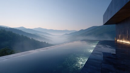 Scenic view of mountains and infinity pool during early morning light in a quiet location