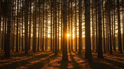 Radiant Golden Sunburst Illuminating Serene Pine Forest with Dramatic Long Shadows at Sunset.