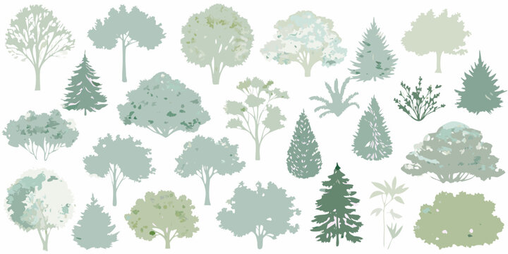 A collection of various stylized trees in shades of green and gray