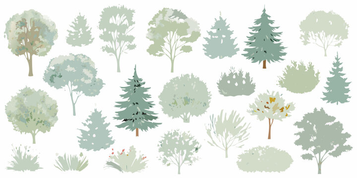 A collection of stylized trees and bushes in various shapes and shades