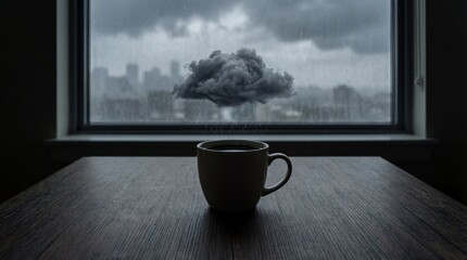 Surreal Coffee Cup with Miniature Rain Cloud on Wooden Table by Window
