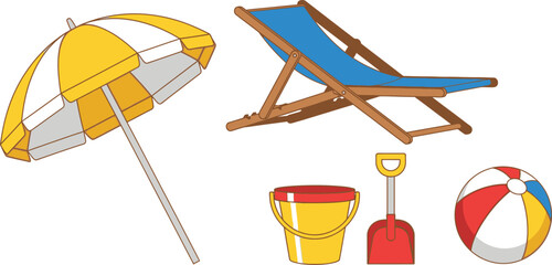 Flat style illustration collection of 5 beach items beach umbrella lounge chair sand bucket shovel and beach ball