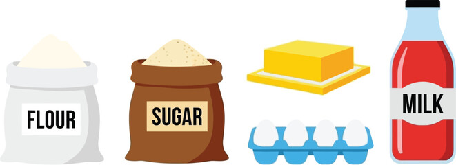Flat style illustration set of 5 baking ingredients flour bag sugar sack butter block egg carton and milk bottle