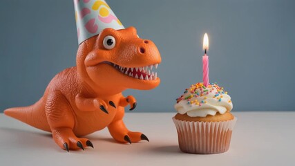 Orange dinosaur wearing a party hat next to a birthday cupcake with a lit candle