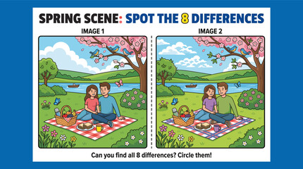 Spring scene worksheet with two picnic images for kids to compare  