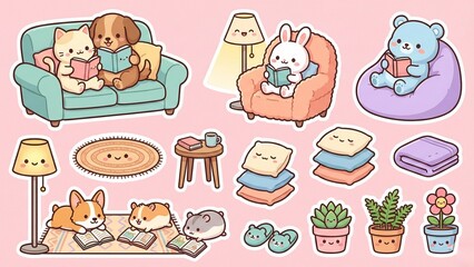 Cozy Corner Collection Adorable Animals Enjoying Books and Comfort