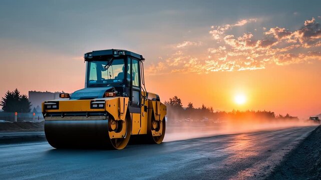 Road roller flattening fresh asphalt at sunset during road construction, A road roller flattens fresh asphalt at sunset, highlighting the ongoing road construction process