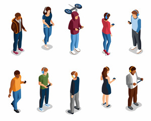Fototapeta premium Isometric illustration of people using smartphones and listening to music