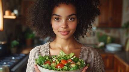 A smiling girl with lush hair holds a plate of fresh salad, symbolising healthy eating, ideal for advertising cooking courses or as a background for a blog about healthy living.
