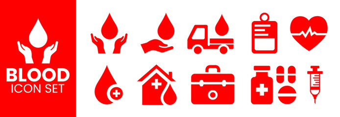 Comprehensive Blood Donation Icon Set. Featuring Red Blood Drop Graphics, Donation Van, Medical Kit, Syringe, Heartbeat Monitor, Blood Bag, and Hospital Symbols for Healthcare and Charity Design.