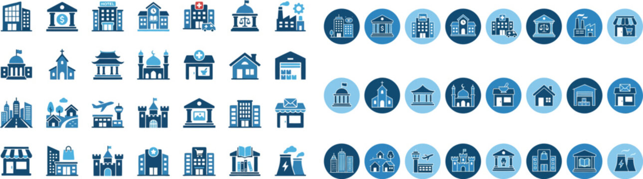 Building Architecture City Line Icons Vector Set &ndash; House Office Tower Skyscraper Factory Church Hospital School Apartment Urban Outline Icon Pack UI Web App
