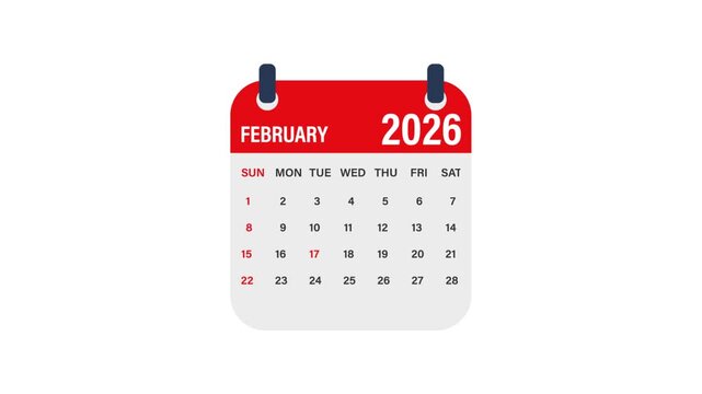 2026 calendar icon animation. February month