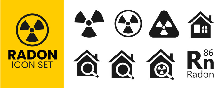 Comprehensive Radon Icon Set for Home Safety. Featuring Radiation Symbols, House Testing Graphics with Magnifying Glass, Radioactive Warning Signs, and the Rn 86 Chemical Element Designation.