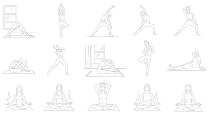 line drawing of multiple woman doing various yoga poses and meditating on yoga mats