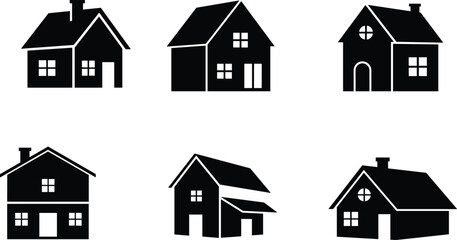 Fototapeta premium House icons, residential silhouette set, black outline homes, chimney symbol, circular window branding, roof concept, multi-level badge, style mix