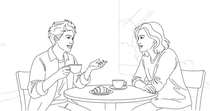 Two friends chatting and enjoying coffee together at a table with croissant