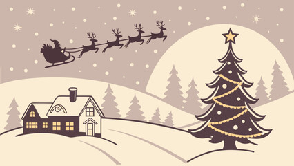 Obraz premium Magic Christmas eve. Santa claus delivers gifts on christmas eve with flying reindeer against a starry night sky. Santa with reindeers flying in sky.