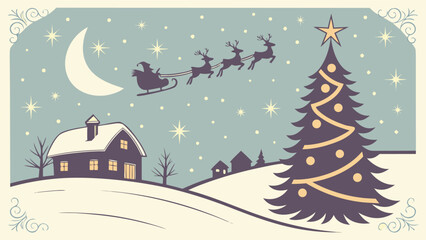 Naklejka premium Magic Christmas eve. Santa claus delivers gifts on christmas eve with flying reindeer against a starry night sky. Santa with reindeers flying in sky.
