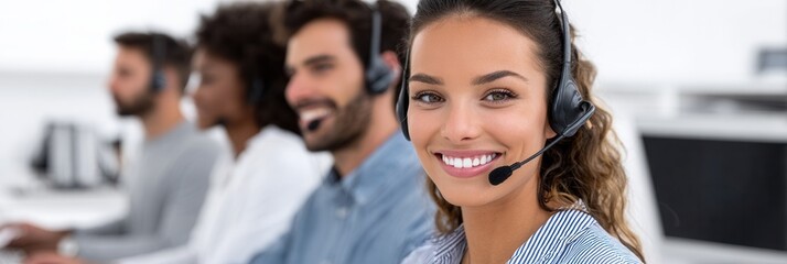 A group of customer service representatives wearing headsets in a modern call center. The atmosphere is professional and friendly, showcasing teamwork.