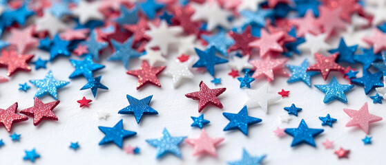 Red, blue and white star-shaped glitter is scattered across the light-coloured surface, creating a festive atmosphere — the perfect decorative backdrop for themed events.