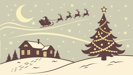Fototapeta premium Magic Christmas eve. Santa claus delivers gifts on christmas eve with flying reindeer against a starry night sky. Santa with reindeers flying in sky.