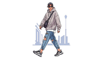 Obraz premium Young man walking alone in urban cityscape environment illustration