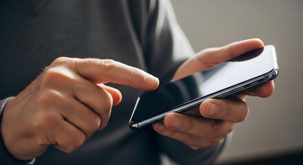 Man hand holding smartphone. Person scrolling touchscreen. Digital communication, mobile app marketing content.