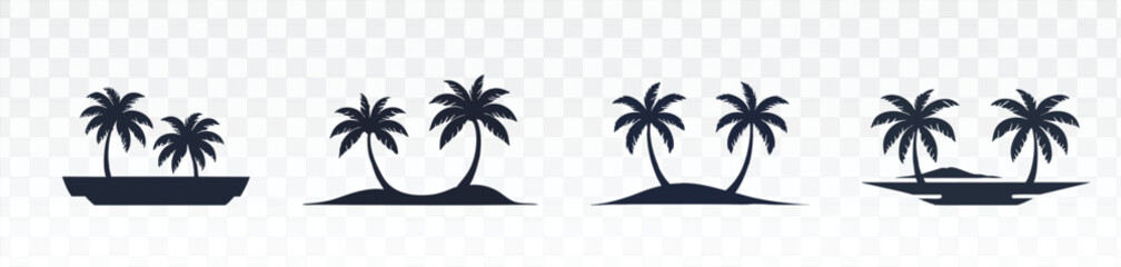 Set of four minimalist black palm tree silhouettes on small tropical islands, ideal for summer vacation branding, travel agency logos, beach resort signage, and exotic tourism themed designs.