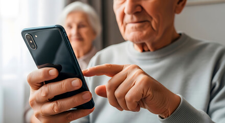 Elderly woman and man looking at a smartphone. Senior couple using tech device. Digital connection and modern communication for older generation.