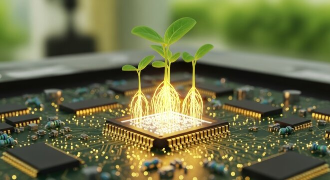 A futuristic circuit board with a plant growing from it.