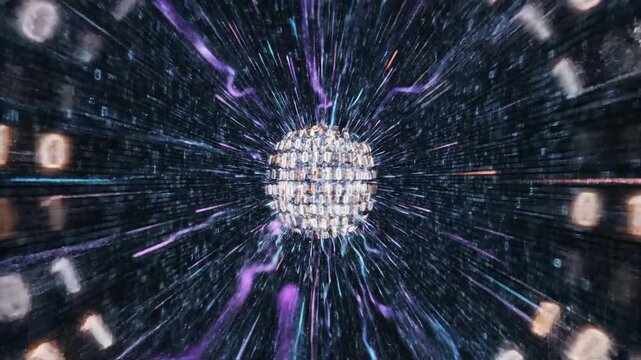 Abstract illustration of a digital sphere with binary code, representing data flow.