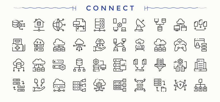 Connect icon set. Connect icon collection. Thin line icons set. Pack of datum, net, network, cyber and more. Editable vector stroke.