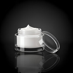 Luxury Skincare Cream in Open Glass Jar on Reflective Dark Surface