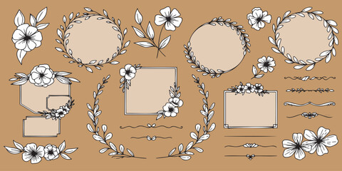 Large collection of hand-drawn floral wreaths, botanical frames, and decorative borders in a delicate line art style, perfect for wedding invitations, stationery design, vintage branding, and logos.