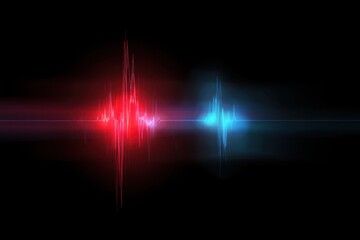 Dynamic Red and Blue Sound Wave Visualization on Black Background.